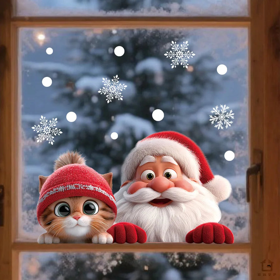 DH045 Kitten and Santa Claus 3D Visual Animation Electrostatic Sticker Home Decoration Shop Window and Glass Window Sticker Oasis Select