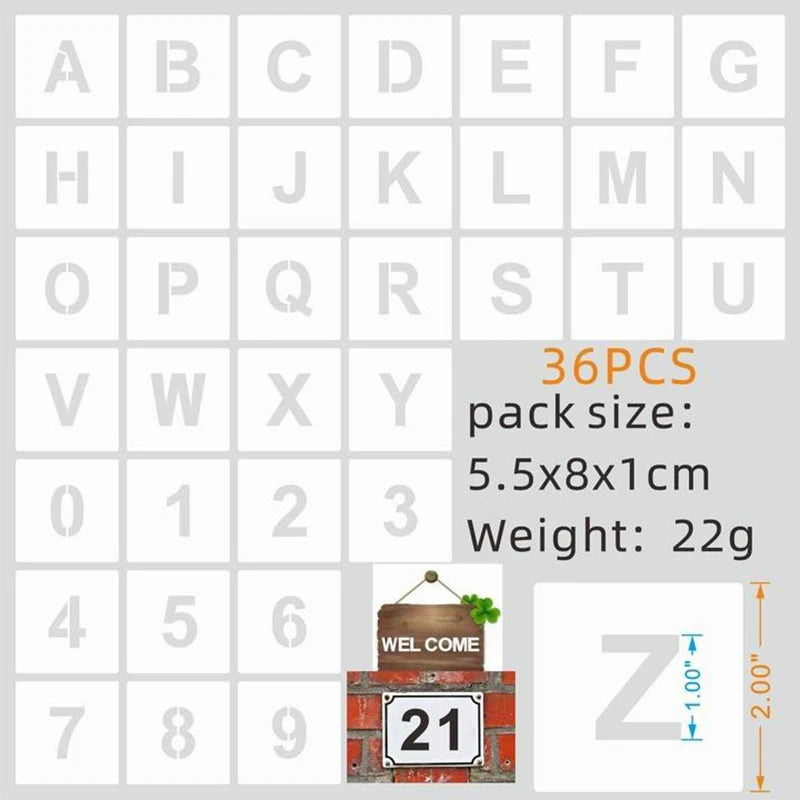 36pcs Alphabet Template Numbers Art Craft Templates Reusable Plastic Word Stickers DIY Painting Word Templates Multiple Sizes Oasis Select 1 inch