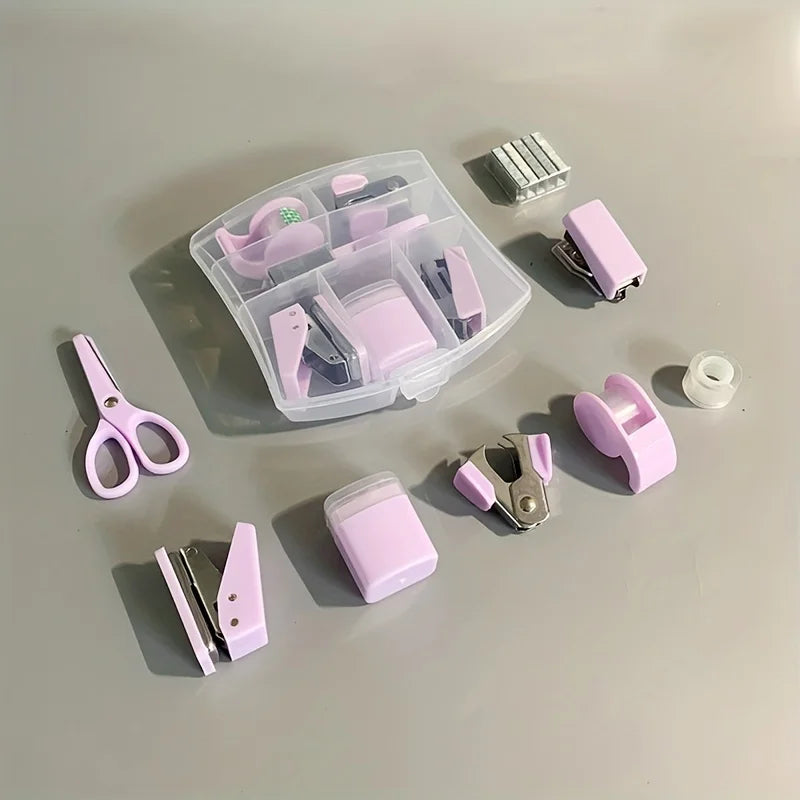 8PCS portable office school mini stationery gift box, including puncher, stapler, small tape, pencil case, scissors, 500 staples Oasis Select