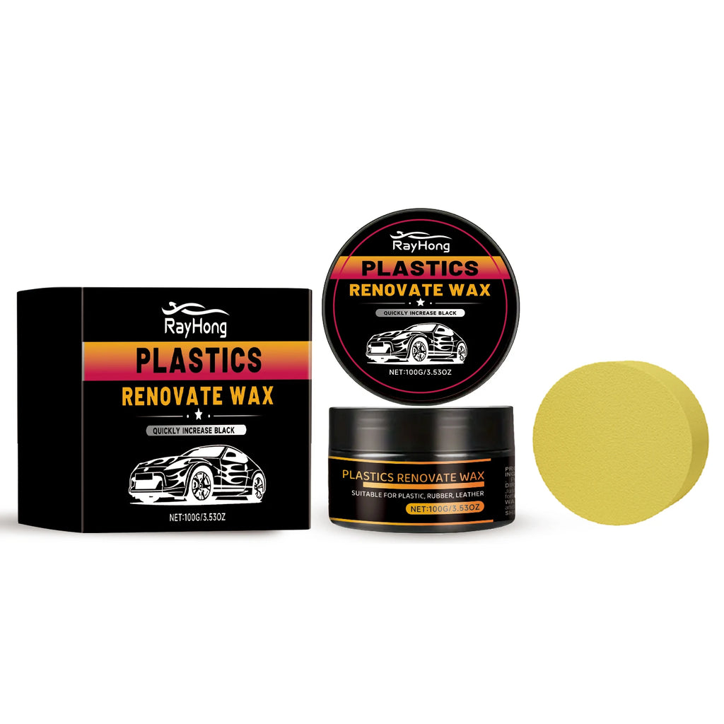 Car Plastic Renovate Wax with Sponge Car Plastic & Rubber Restorer Black Trim Revitalizer for Interior/Exterior, UV Protection Oasis Select 100g with tool