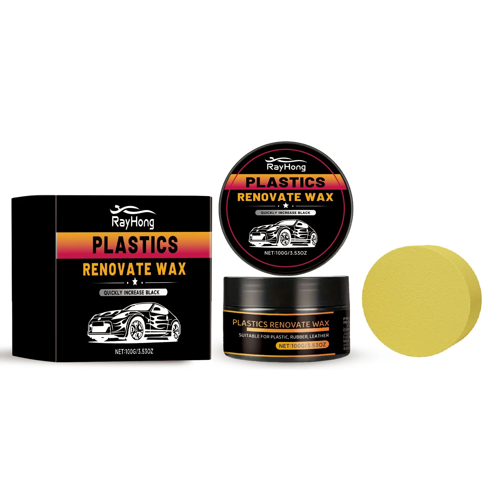 Car Plastic Renovate Wax with Sponge Car Plastic & Rubber Restorer Black Trim Revitalizer for Interior/Exterior, UV Protection Oasis Select 100g with tool