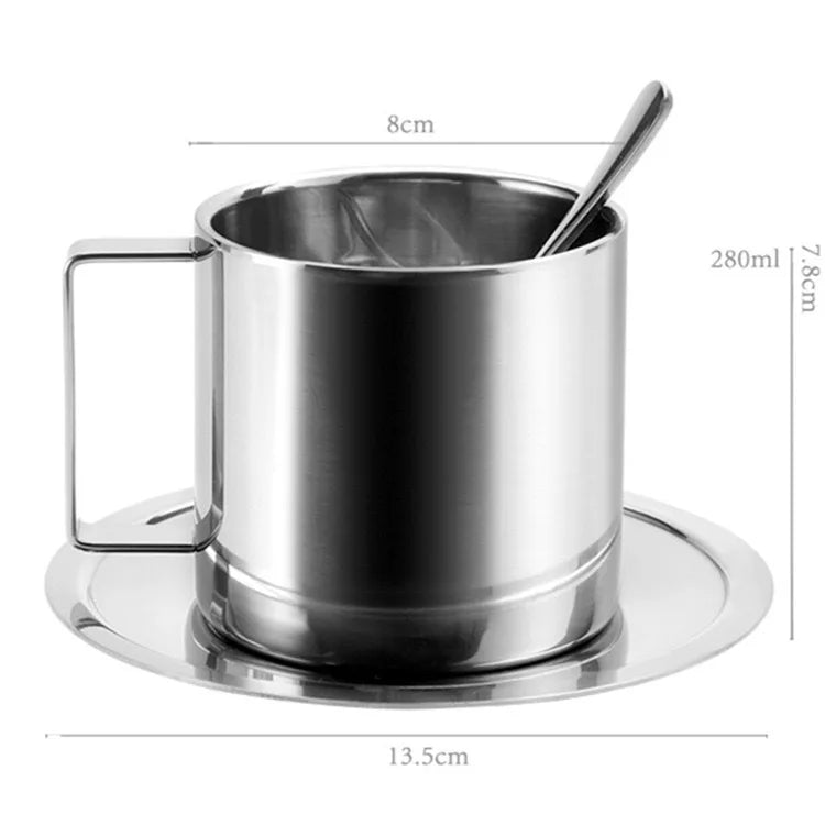 Coffee Cup Set with Spoon and Saucer, Made of 304 Stainless Steel, Double-layer Heat-insulating Mug, for Home, Cafe, Restaurant Oasis Select 280ML