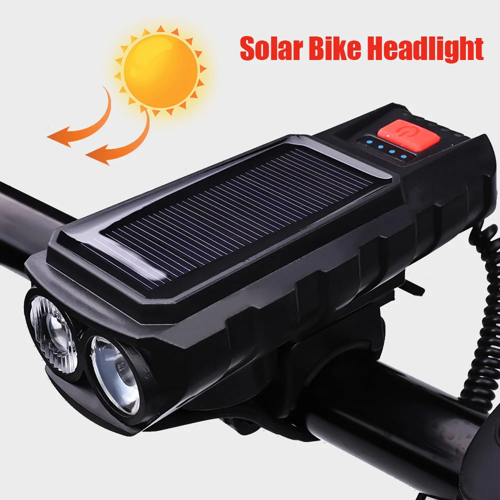 Solar Bicycle Front Light TYPE-C Rechargeable MTB Road Bike Front Light Flashlight 120dB with Horn Flashlight Bicycle Light Oasis Select