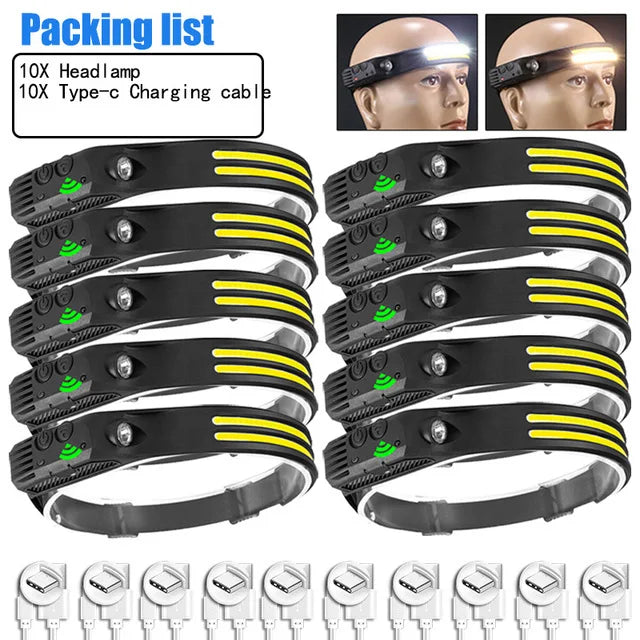 Powerful LED Sensor Headlamp USB Rechargeable Head Flashlight with 2000Mah Built in Battery Outdoor Camping Fishing Head Lantern Oasis Select 10PCS White Yellow