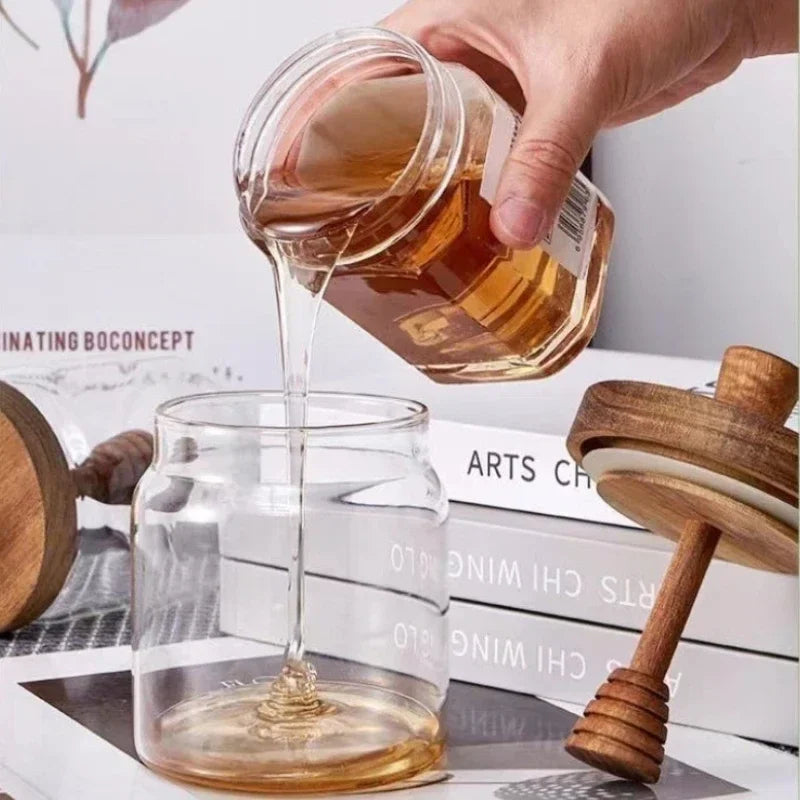 500ML High Borosilicate Glass Sealed Tank Honey Jar with Wooden Lid Mixing Rod Wood Dip Sticks Transparent Home Sealed Jars Oasis Select