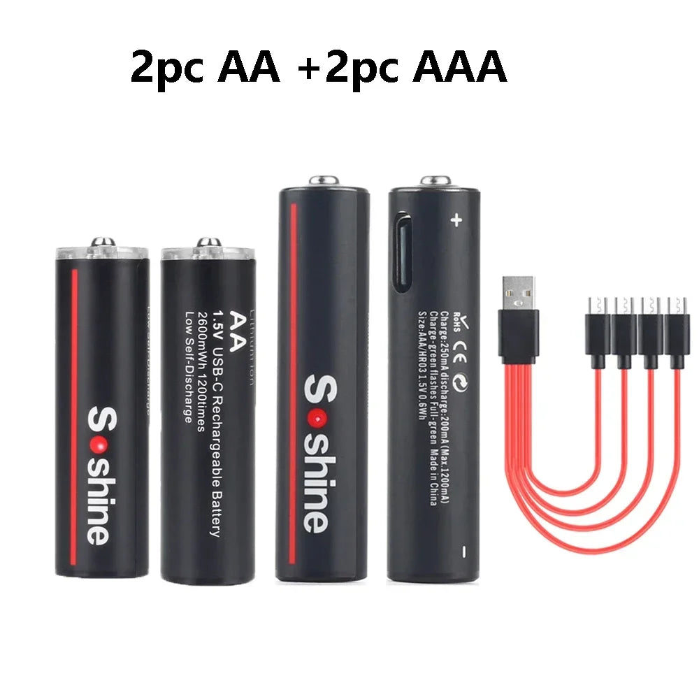 Soshine USB Lithium-ion 600mWh 1.5V AAA Rechargeable Batteries+2600mWh 1.5V AA Battery Li-ion AA and AAA Rechargeable Batteries Oasis Select 2pc AAA and AA 1.5V