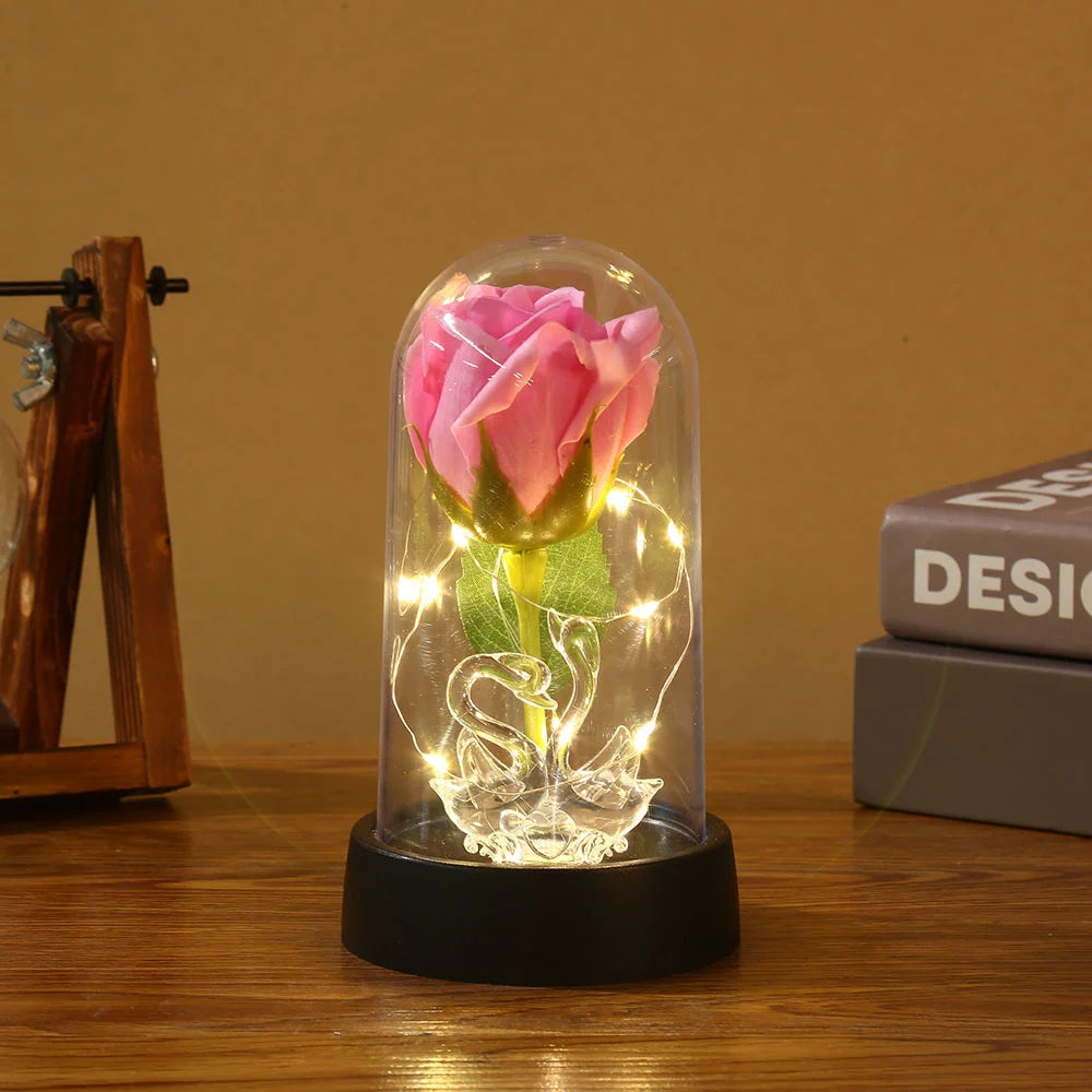 Enchanted Beauty And The Beast Rose Flower with Black Base LED Light In Glass Dome Valentine Christmas Gift Wedding Home Decor Oasis Select Pink