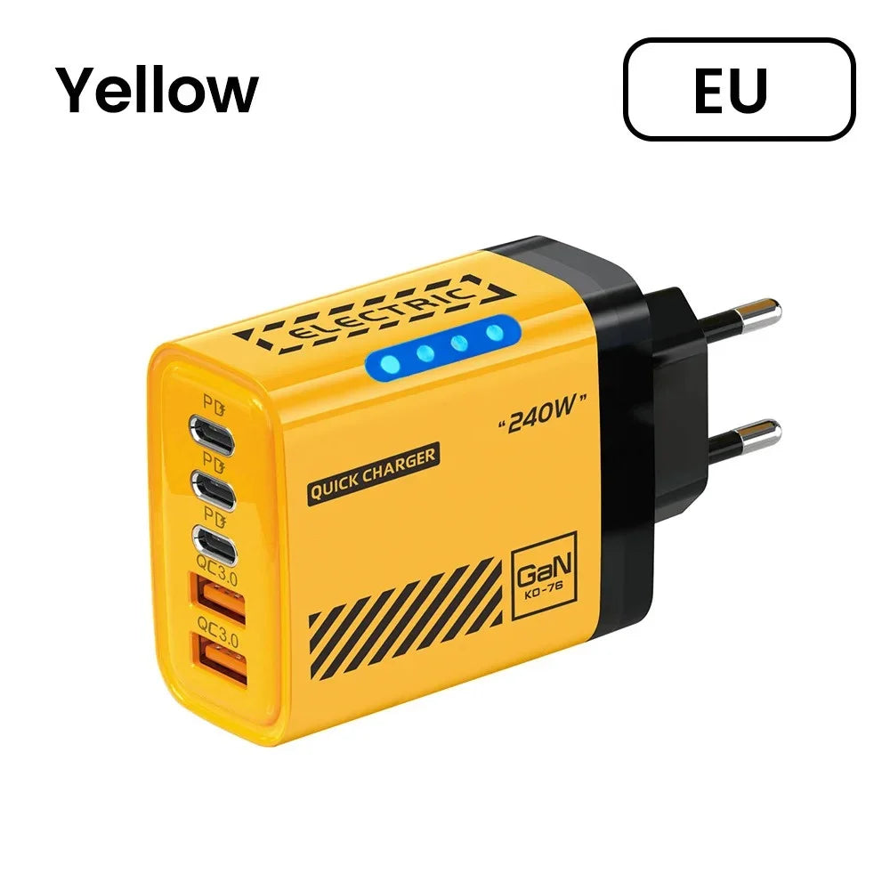 Total 240W USB Type C Fast Charging Charger For Samsung Huaweui iPhone Wall GaN Charger Multi Ports Mobile Phone Power Adapter Oasis Select EU Yellow