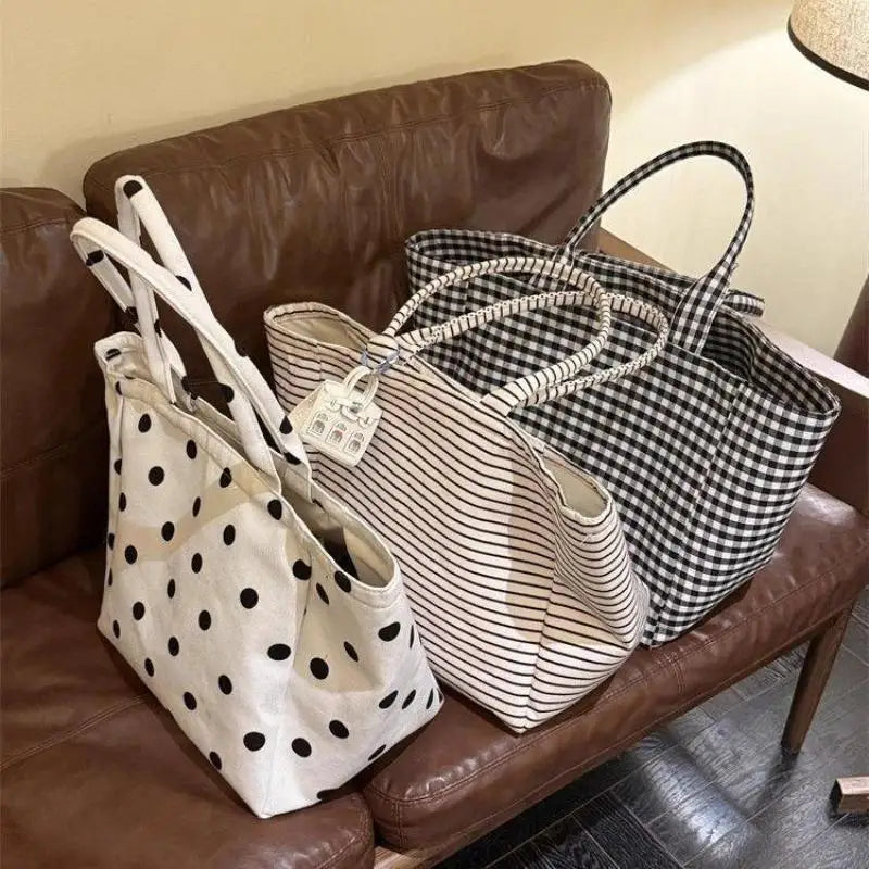 Canvas Tote Bag For Women Large Capacity Striped Plaid Polka Dot Shoulder Bag Reusable Shopping Handbag For Work Travel Beach Oasis Select