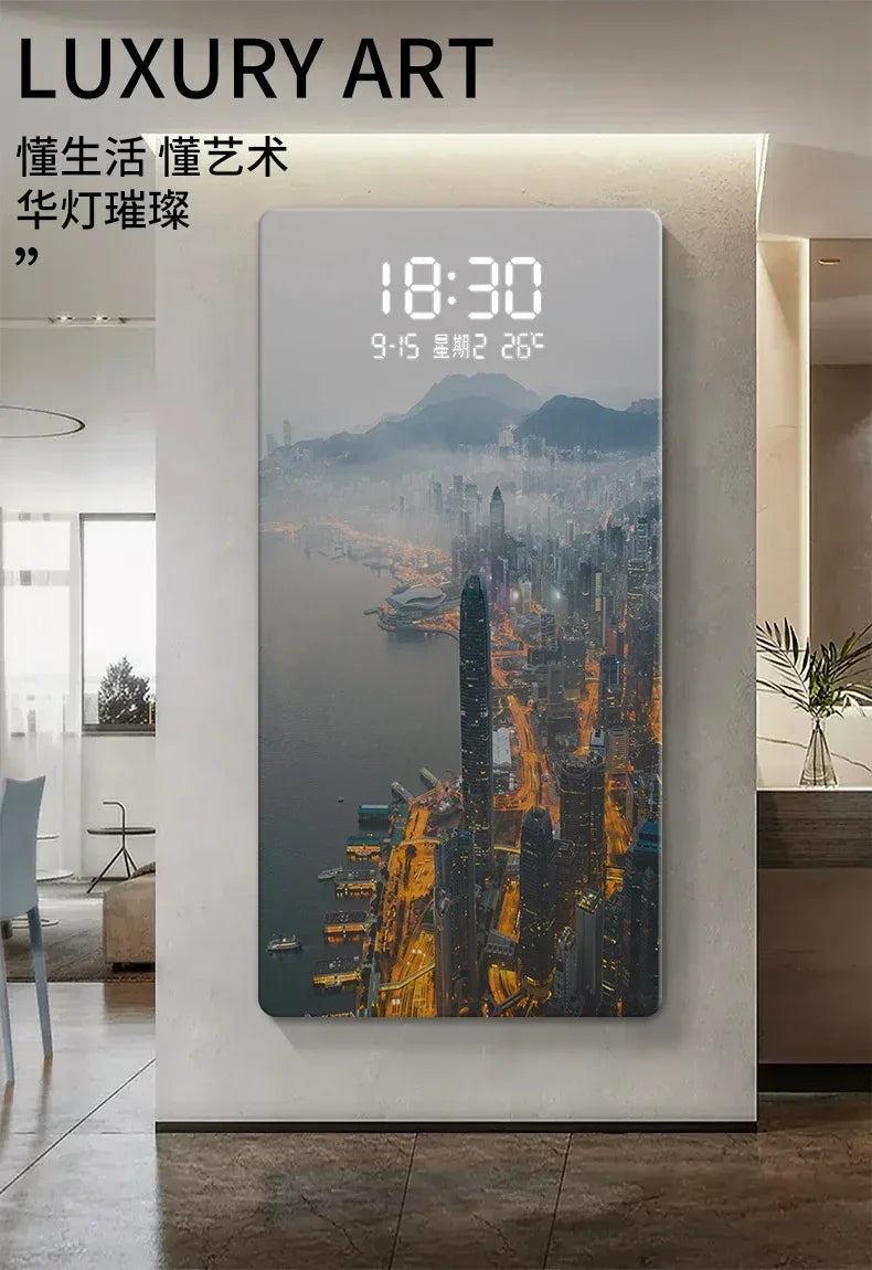 Led Electronic Wall Hanging Clock City Night View Human Body Sensing Decorative Painting Wall Clock Oasis Select