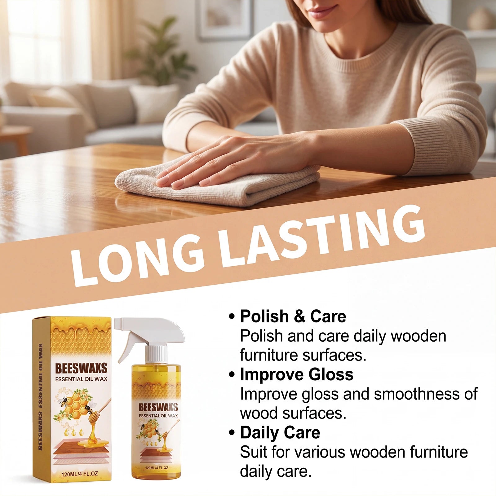 Wood Polishing Beeswax Spray Furniture Surface Brightening Care Agent Enhance Gloss Smooth Wooden Surface Daily Household Wood Oasis Select