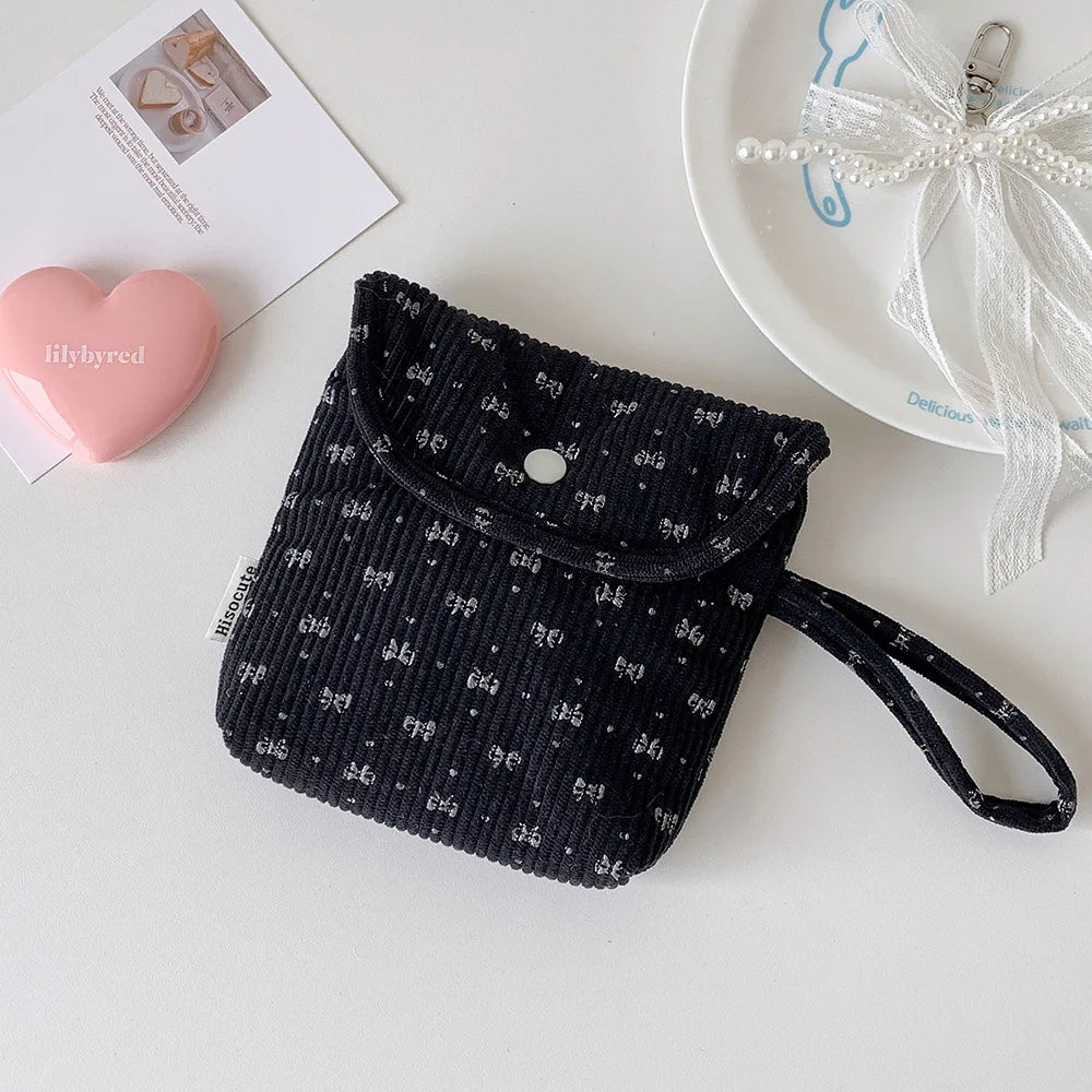 Corduroy Makeup Bag Premium Portable Storage Bag Cosmetic Organizer Bag Spacious Bow Sanitary Napkin Pouch For Gift For Women Oasis Select Black