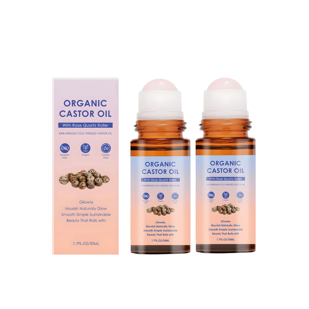 Organic Castor Oil Rose Quartz Roller Ball, 100% Pure Cold-Pressed Hexane-Free, for Body, Eyebrows & Skin Massage Care Oil Oasis Select 2pcs