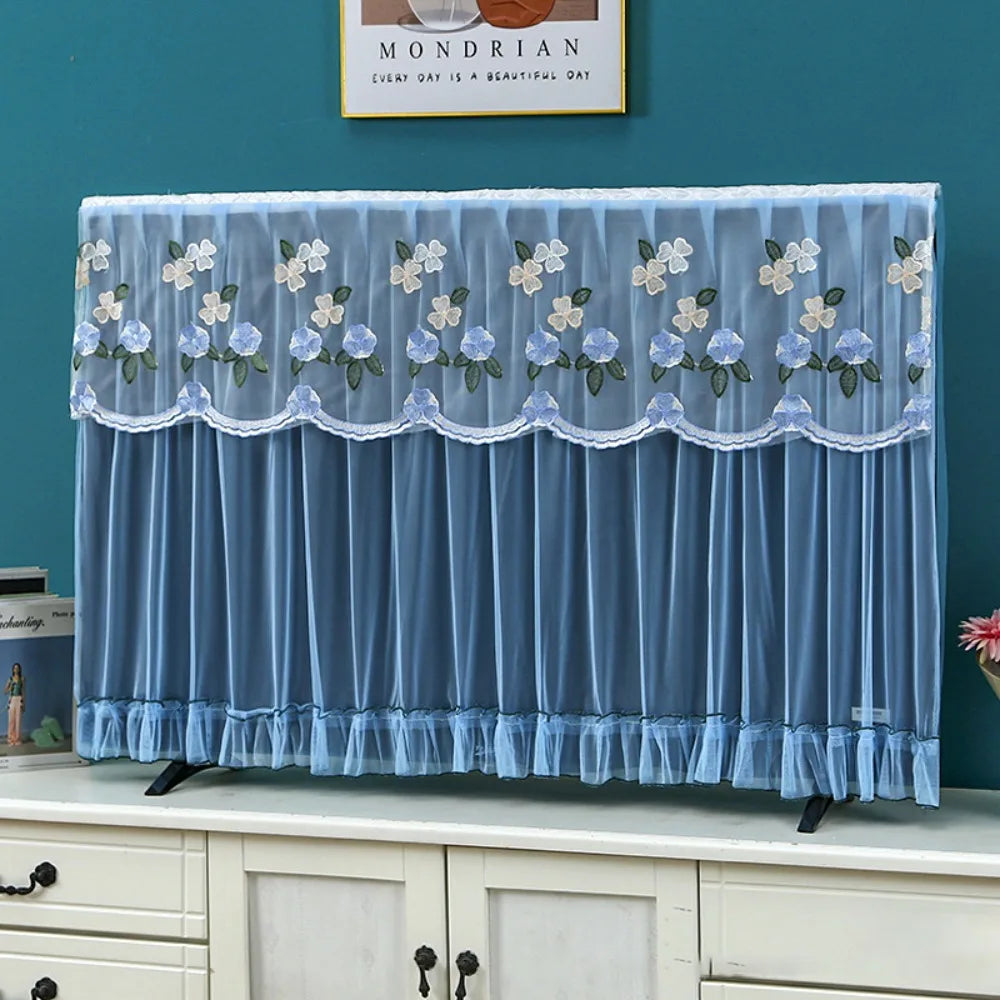 Fashion 32 Inch TV Dust Cover Embroidered Lace Wall Mounted LCD TV Protective Cover Ultra-thin TV Screen Monitor Cloth Oasis Select Blue