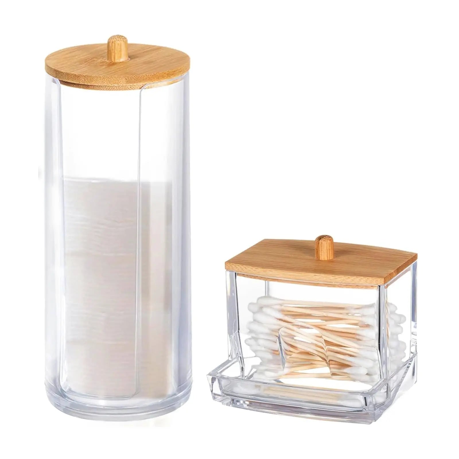 2 Pcs Cotton Pad Holder, Bathroom Makeup Organizers Containers， Canister Vanity Storage Jars Dispenser Holder wuth Bamboo Lid Oasis Select Clear
