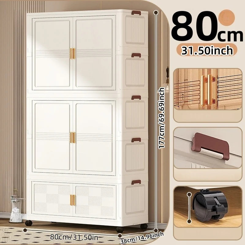 COIZYZZL 31.5 Inch Foldable Storage Wardrobe, 2-6 Tier Multi-Combos with Rolling Wheels, Large Capacity for Living Room/Bedroom Oasis Select White 2Large 1Small