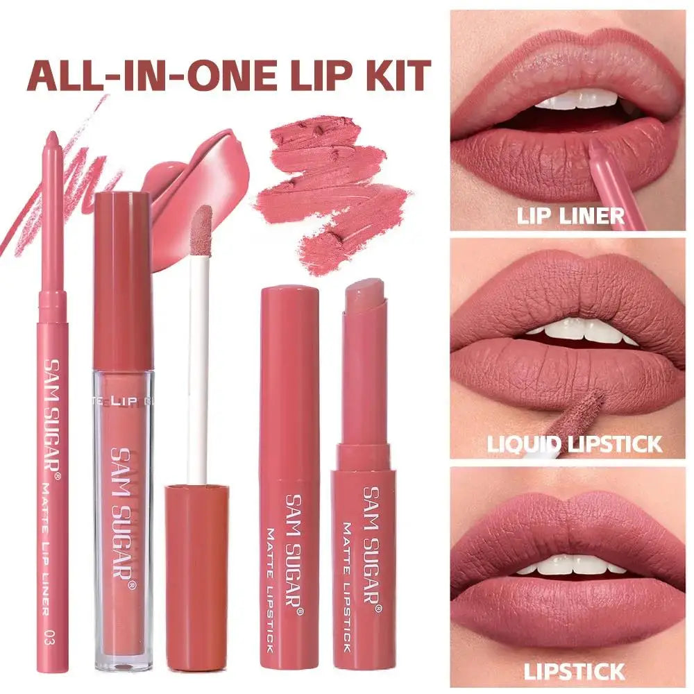 SAM SUGAR 3-in-1 Matte Lip Kit – Liner, Lipstick & Gloss Set