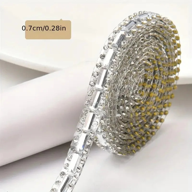 1Yard Glitter White Crystal Rhinestone Tape Trim Self-Adhesive Glass Appliques Diamond Sticker for Dress Shoe Adornment Ribbon Oasis Select B-7MM