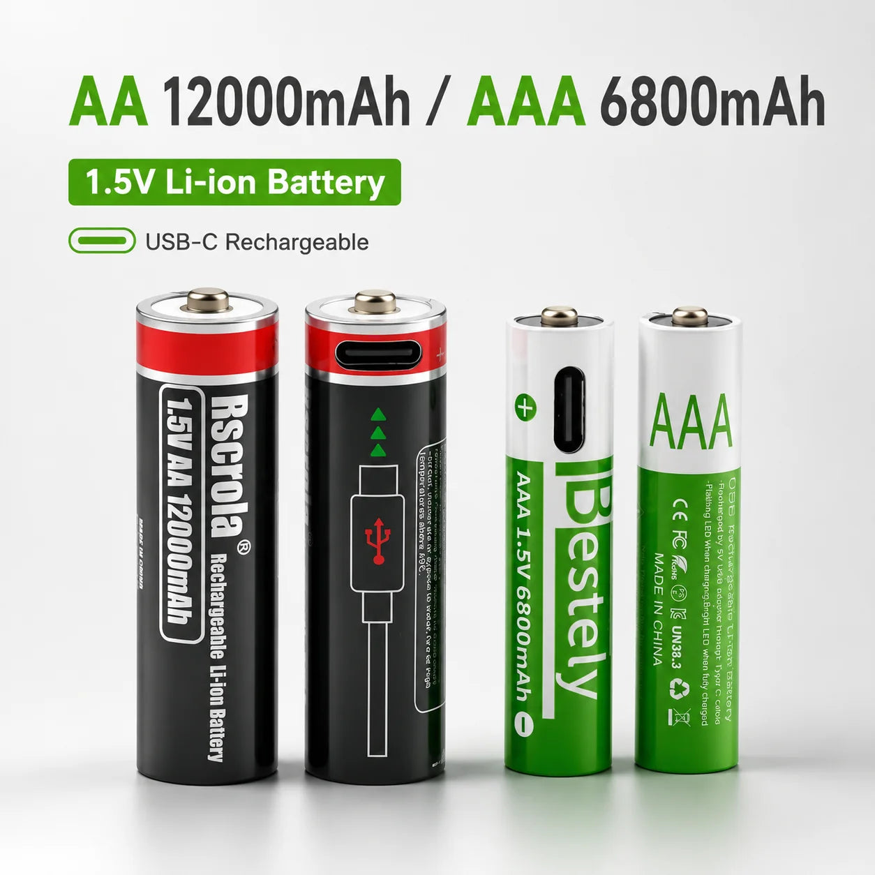 USB-C Rechargeable AA AAA Lithium Battery 1.5V Li-ion Batteries 12000mAh 6800mAh Constant Voltage Fast Charging for Toy Clock Oasis Select