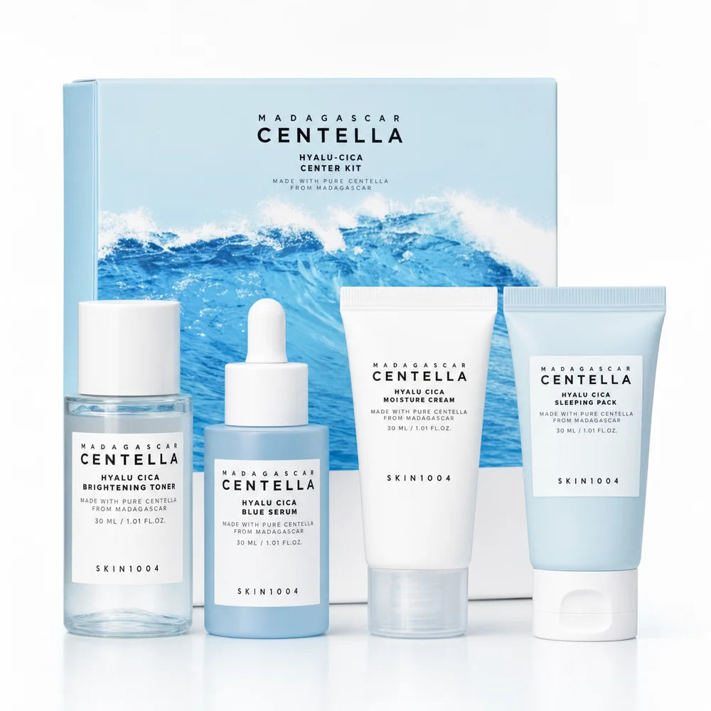 Centella Hyalu-Cica and Poremizing Travel Kit,Toner, Ampoule Serum,Face Moisturizer Cream and Night Sleeping Pack Mini 4pcs Set Oasis Select blue set