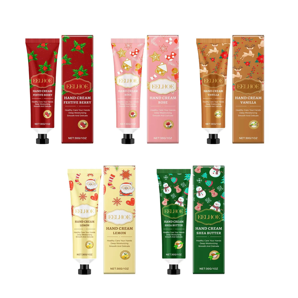 Christmas Hand Cream Moisturizing Refreshing Hand Cream for Dry Cracked Skin Nourishing Anti-Drying Smooth Winter Hydration 30g Oasis Select 5 in 1 set