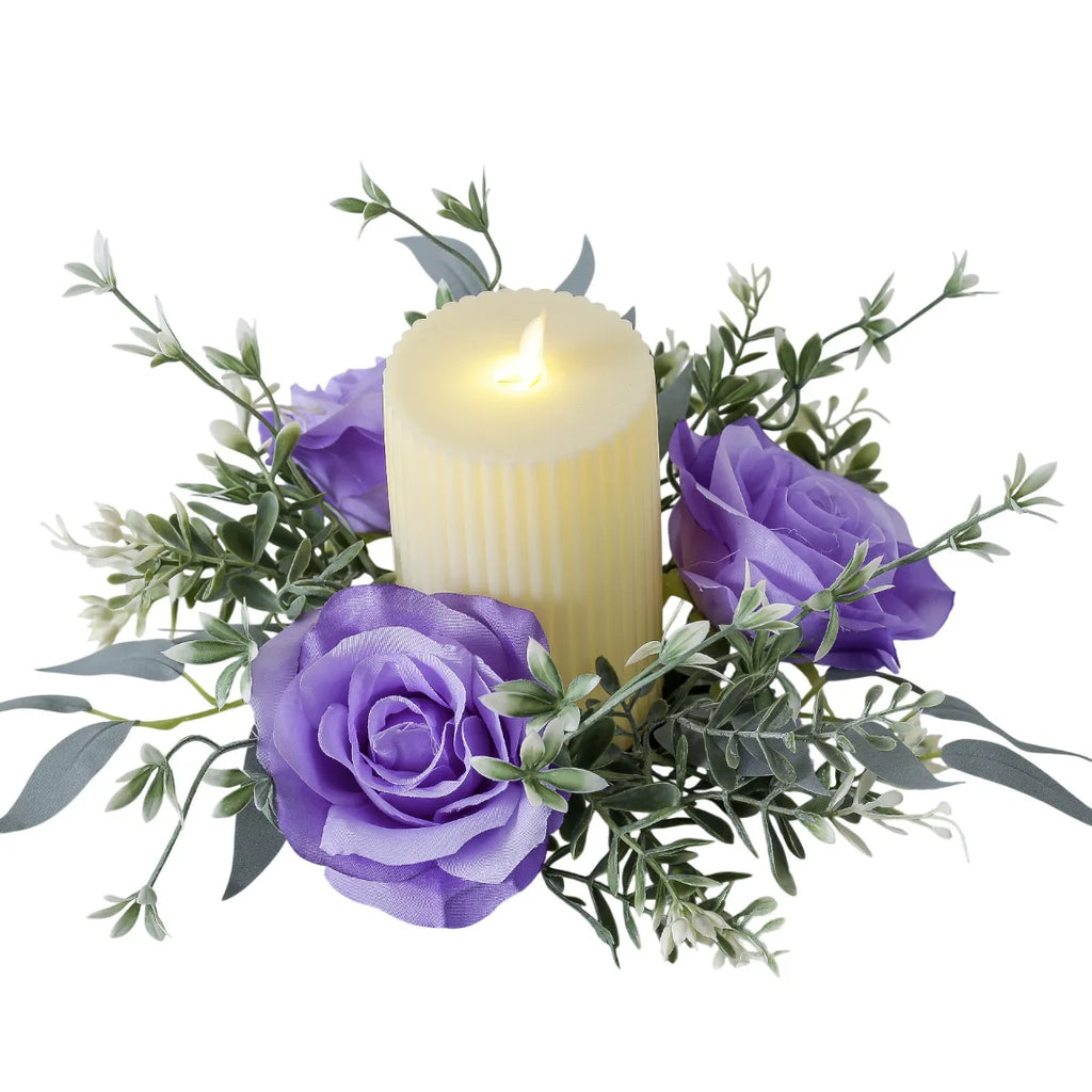 Artificial Rose Candle Ring Pillar Candles Greenery Flower Wreath Seasonal Candle Ring For Wedding Centerpiece Holiday Decor Oasis Select Purple