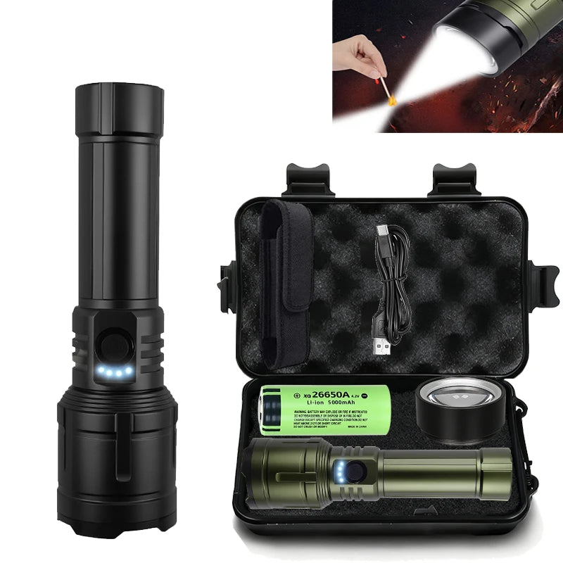 Powerful LED Flashlight USB C Rechargeable with Fresnel Lens Flashlight Super Bright Aluminum Zoom Torch Emergency Power Bank Oasis Select Black-Package List ZOOM