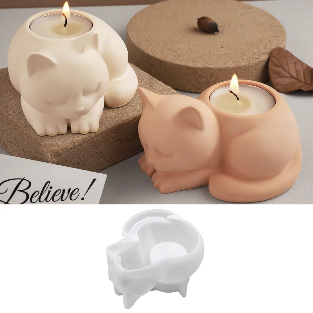 3D Cat Candle Holder Silicone Mold Candlestick Jar Cup Silicone Mould Animal Shaped Storage Box Molds Home Decoration Oasis Select