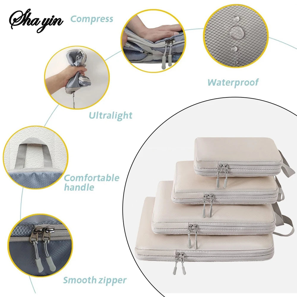 Set/6 pcs Compressible Packing Travel Storage Bag Cubes Waterproof Suitcase Nylon Portable With Handbag Luggage Organizer Oasis Select