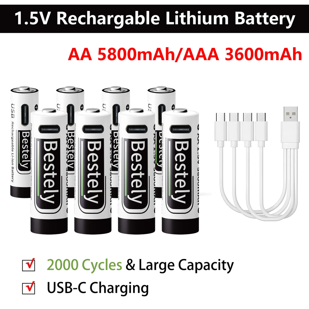 AA AAA Battery 1.5V 5800mAh and 3600mAh Lithium Rechargeable Batteries Fast Charging Li-ion Battery 2000 Cycles Type-C Cable Oasis Select