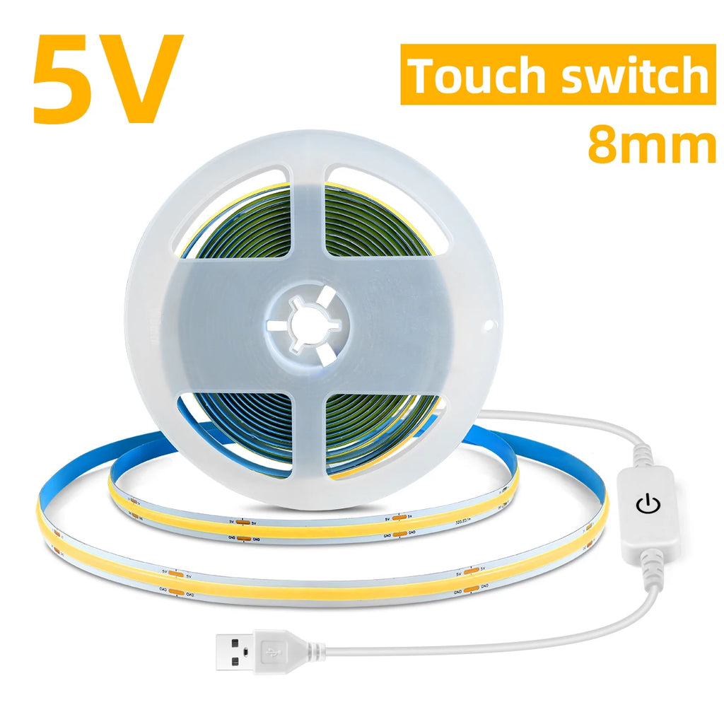 USB 5V COB LED Strip Light 1-5m Super Bright 320leds/m Home Decor Tape,Hand Scan Sensor Switch/Dimmable Touch Switch/Push Switch Oasis Select Touch Sensor Switch WHITE 5m