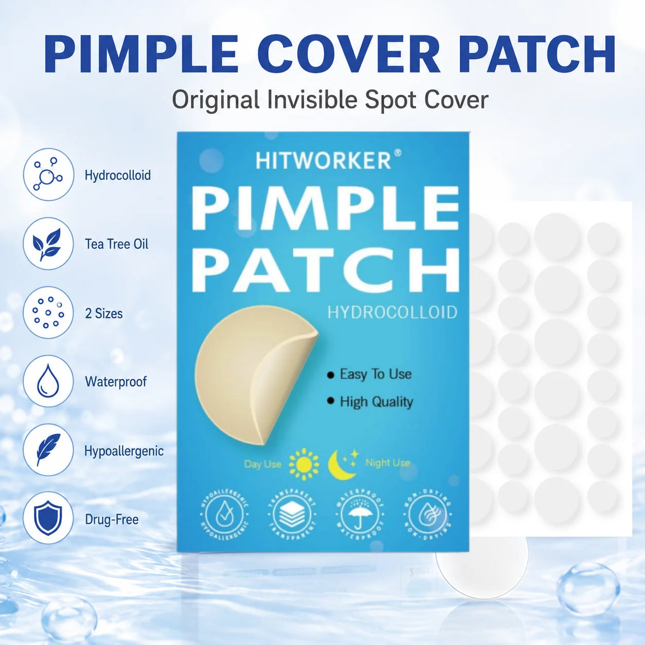 HITWORKER Hydrocolloid Pimple Patch Invisible Spot Cover, Mixed Sizes, Thin Edge, Easy Peel-Off, Waterproof for Day & Night Uses Oasis Select WHITE
