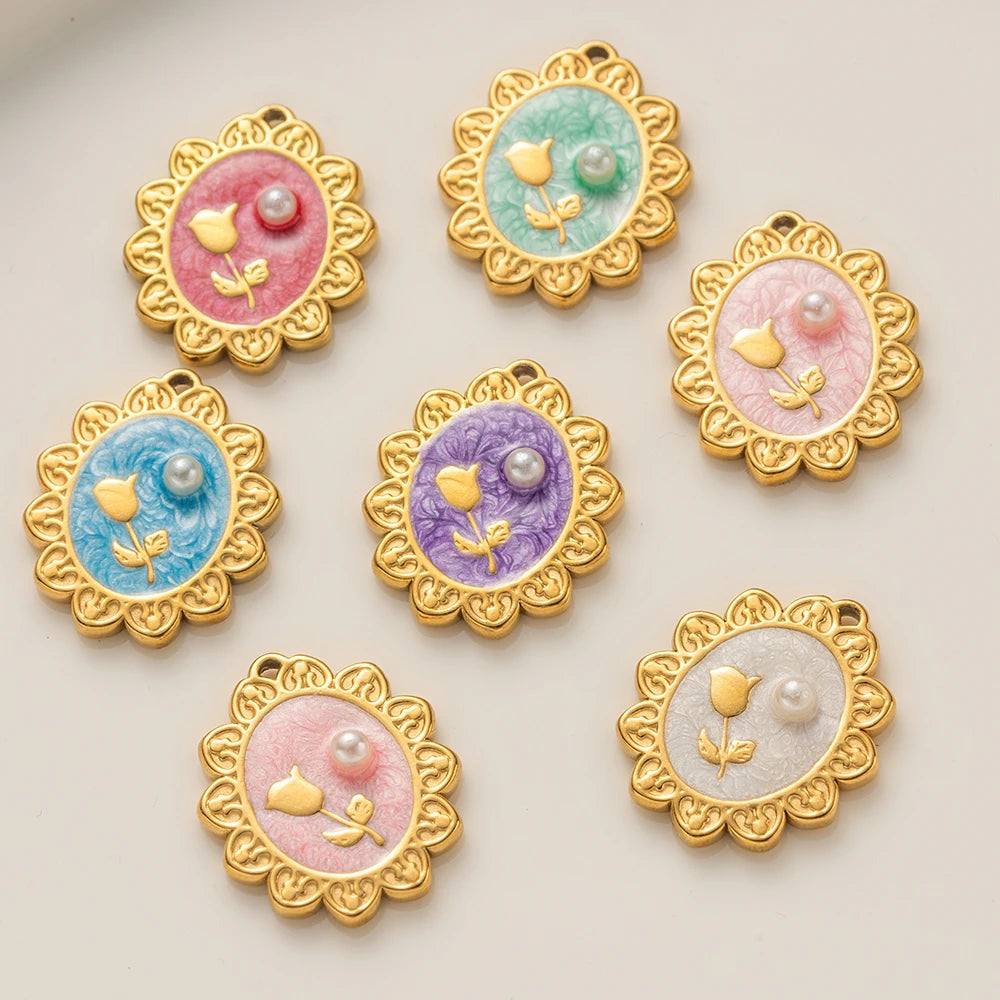 5pcs Stainless Steel Enamel Flower Pearl Bead Charms Earring Pendant for DIY Necklace Bracelet Jewelry Making and Crafting Oasis Select