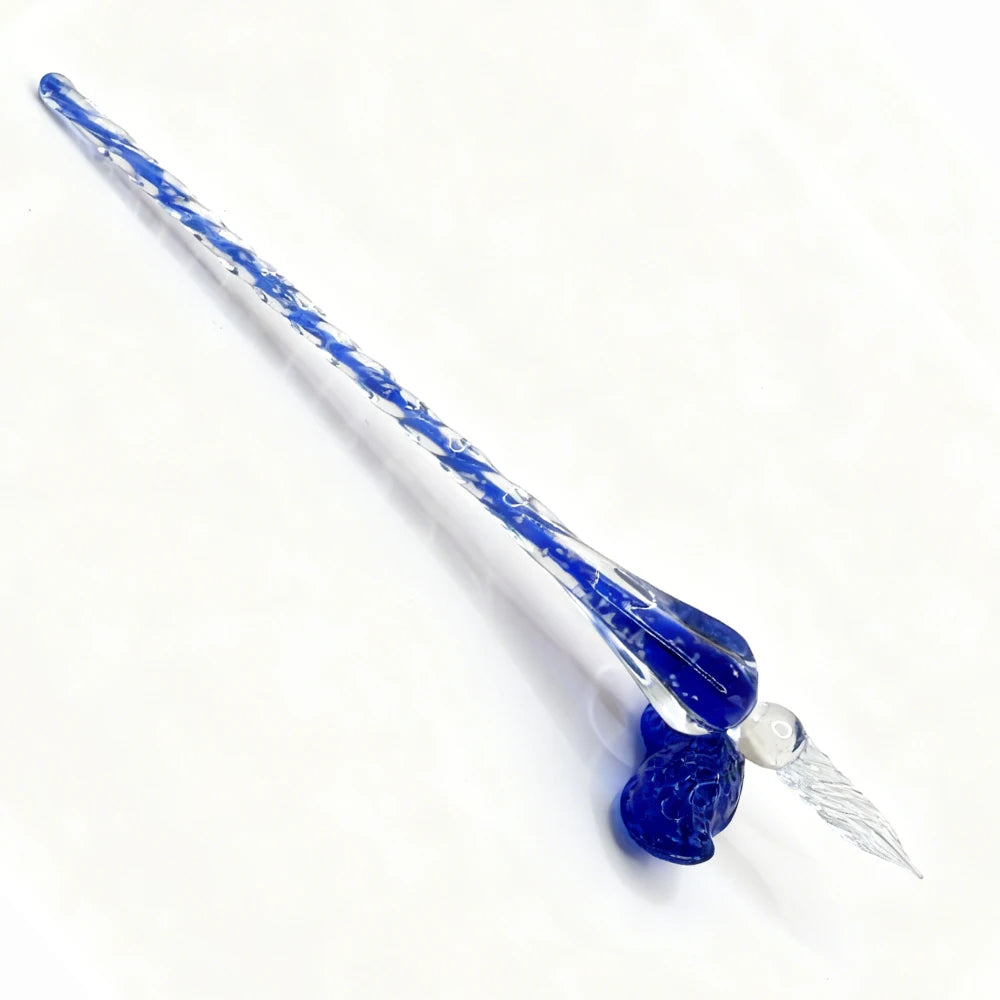 Handmade glass dip pen, Christmas crystal glass signature calligraphy vintage dip pen with peanut-shaped pen holder, ideal gift. Oasis Select Blue