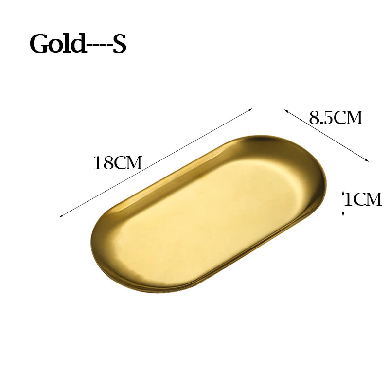 Nordic Style Dessert Dining Plate Nut Cake Fruit Plate Gold Silver Stainless Steel Towel Tray Snack Western Steak Kitchen Plate Oasis Select Golden-S