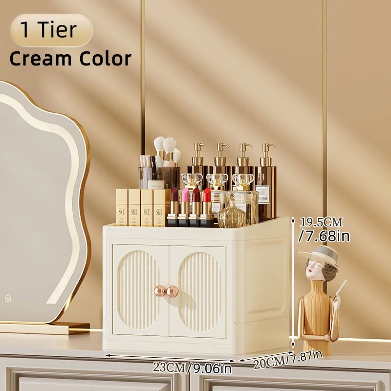Foldable Desktop Makeup Organizer Multi-Layer Storage Cabinet Large Capacity for Cosmetics Toiletries Books Oasis Select 1 Layer Cream