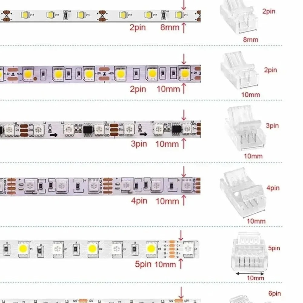 Solderless LED Strip Connectors 2/3/4/5 Pin | 10mm Transparent