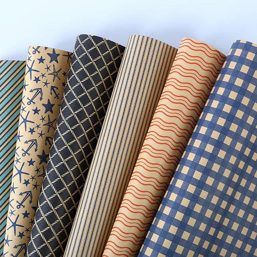 70x50cm Retro Gift Wrapping Paper Blue Grid Wave Sea Star Pattern Bouquet Packaging Paper Men Birthday Gift Packaging Paper Oasis Select