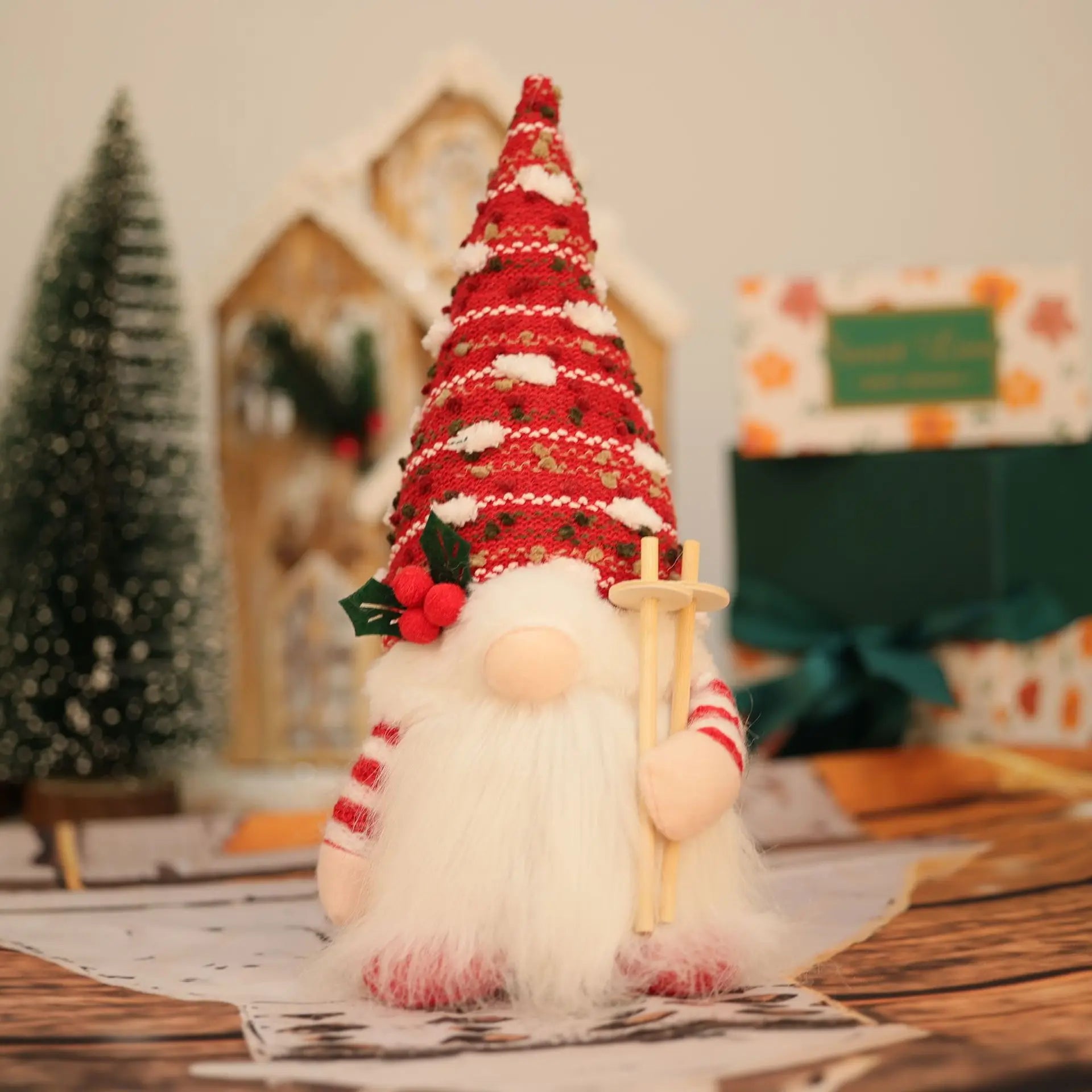 Christmas Decoration Items American Country Knitted Ribbon Light Faceless Doll Creative Glowing Rudolph Dwarf Oasis Select Red with Light