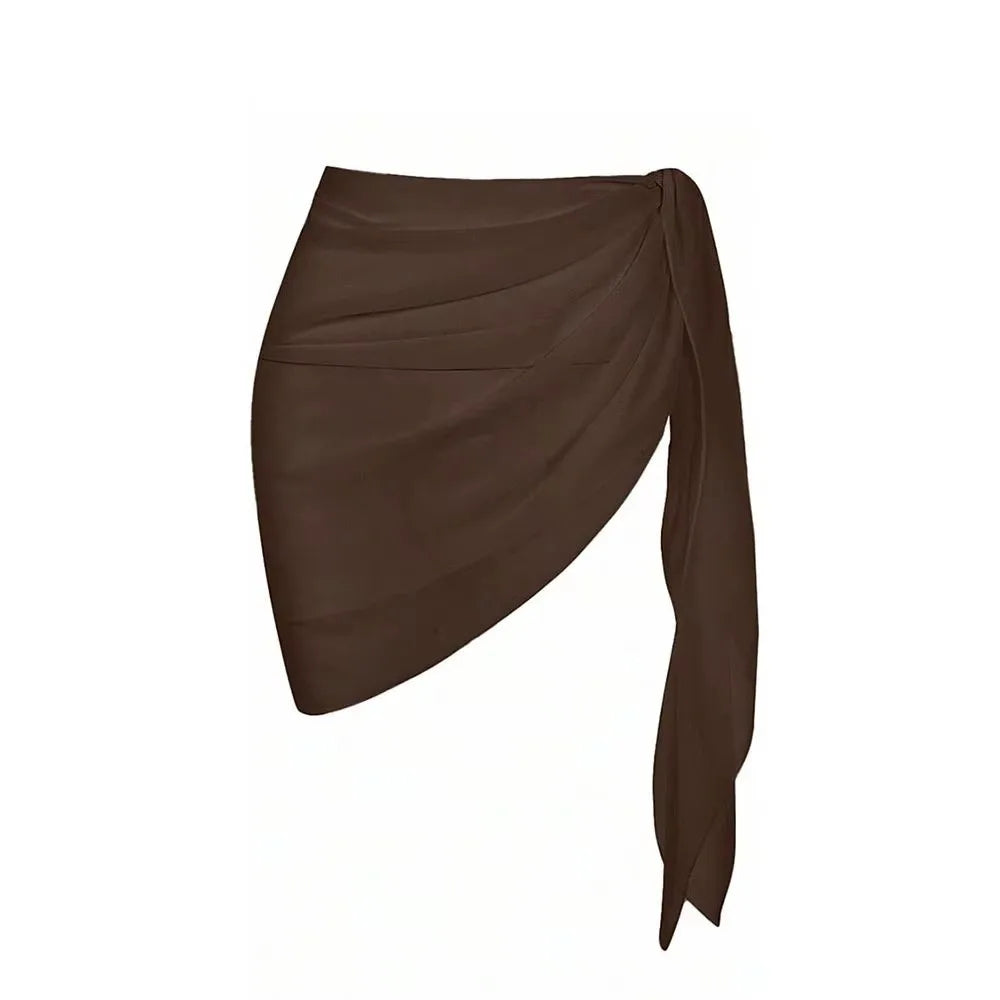Sexy Solid Color Women Beach Skirt Short Sheer Swimming Skirt Strap Design Swimsuit Coverups Summer Vacation Oasis Select Brown One Size