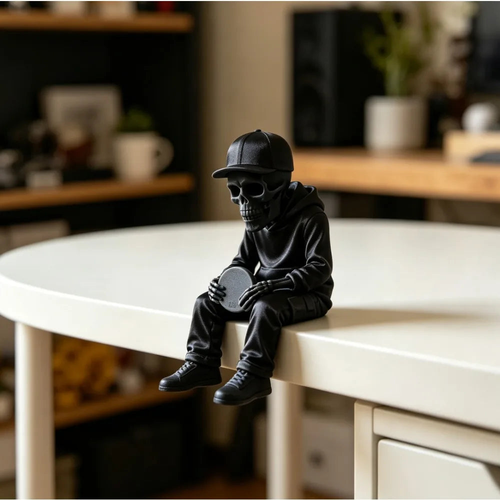 Frisbee Skull Figurine 3D Printing Casual Sitting Edge Sitter Statue Modern Gothic Ornaments for Home Office Desktop Shelf Decor Oasis Select