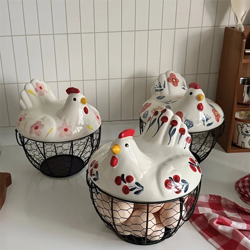 1pc Farmhouse Hen-Shaped Ceramic Egg Baske -Ceramic Egg Holder with Lid,Rustic Kitchen Organizer for Fruits/Veggies Oasis Select