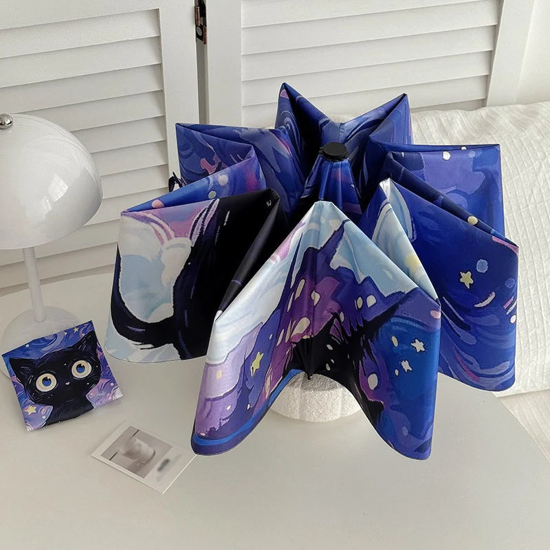Purple Cartoon Cat Folding Umbrella Professional Sun Protection and UV Protection Umbrella Suitable for Sunny and Rainy Days. Oasis Select