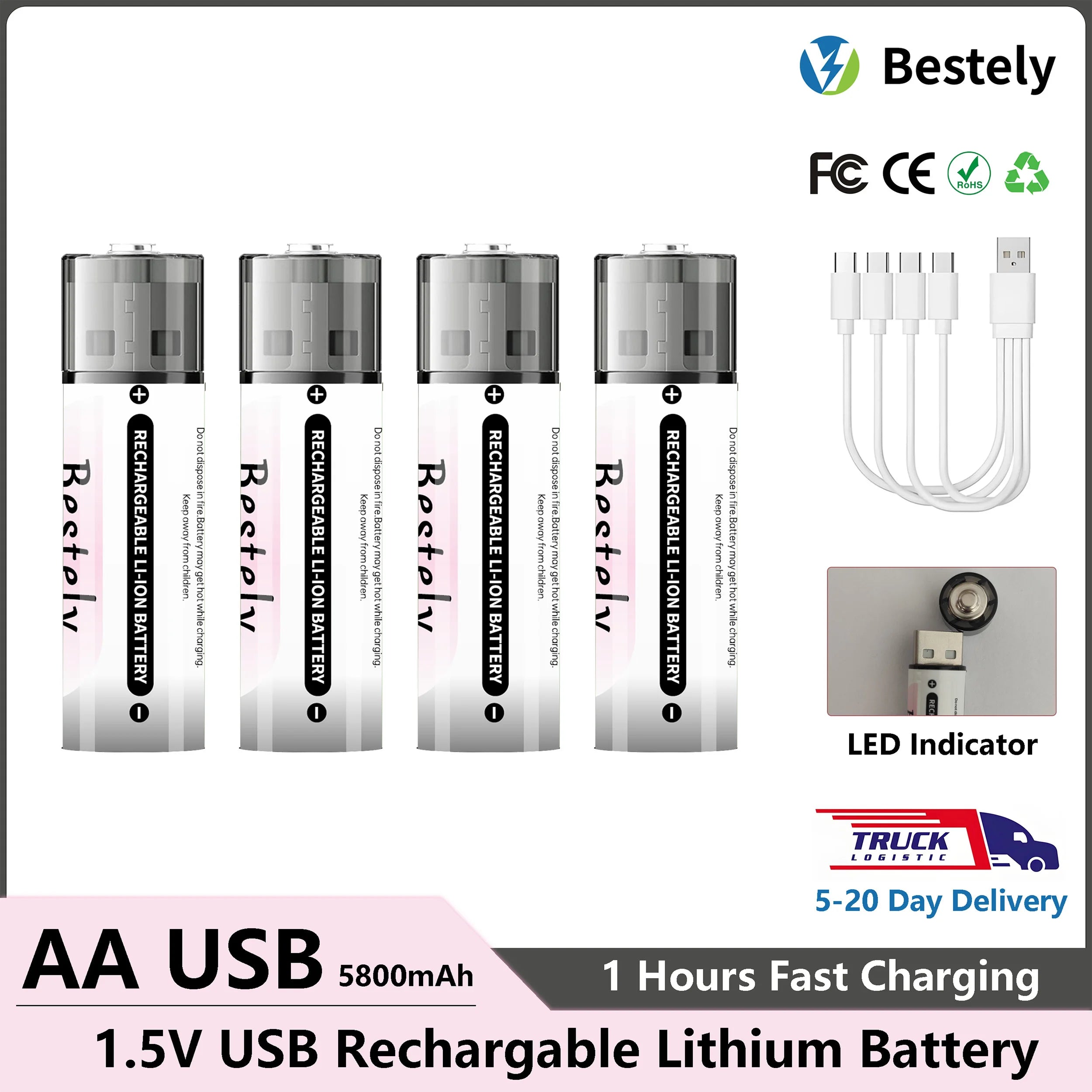 AA Rechargeable Lithium Battery 1.5v 5800mAh USB Li-ion High capacity 1.5h Fast charging Long lasting Oasis Select