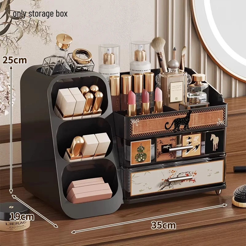 Dressing Table Storage Box Desktop Antique Style Cosmetics Dust-proof Drawer Style Organizing Box Lipstick Storage Rack Oasis Select black
