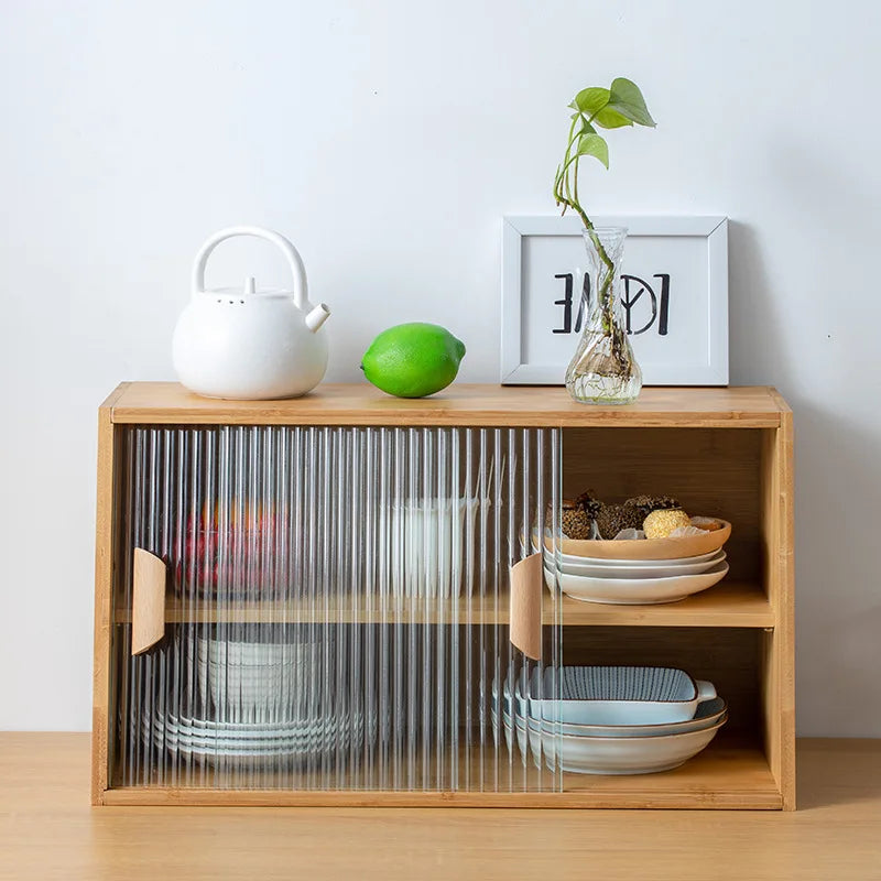 Japanese desktop dining side cabinet glass door display cabinet kitchen countertop cup storage rack household cabinet bamboo Oasis Select