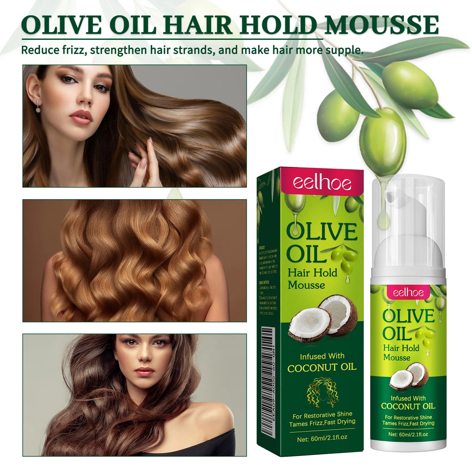 EELHOE Olive Oil Hair Mousse – Anti-Frizz & Volumizing Hair Styling Mousse Oasis Select