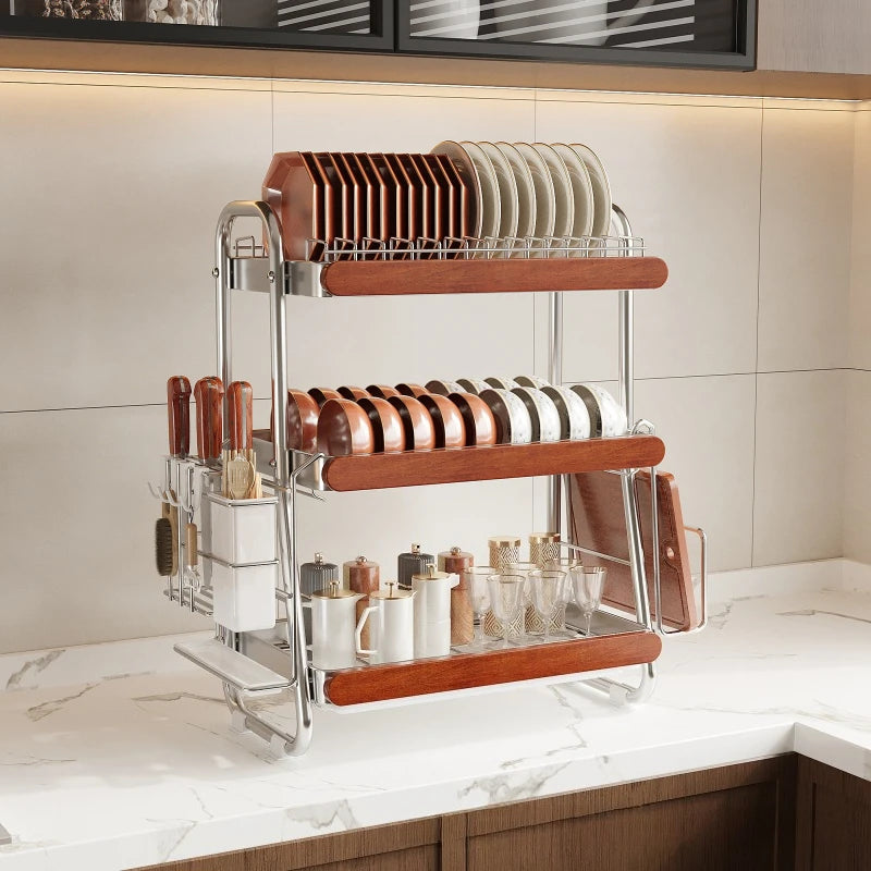 Medieval Stainless Steel Dish Storage Rack Dish Knife Chopsticks Drain Rack Oak Baffle Drying Rack Kitchen Shelf Oasis Select
