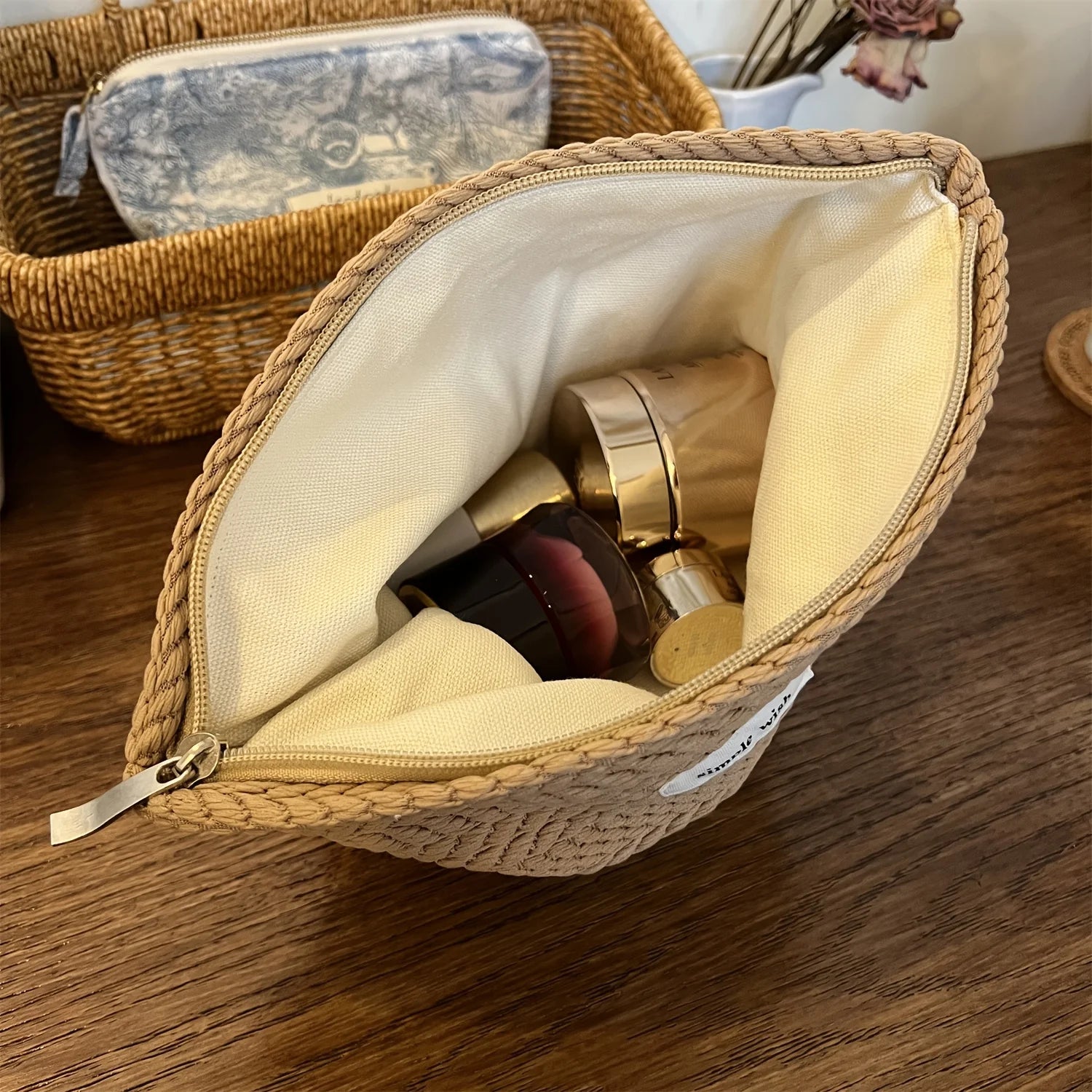 Rice Grain Pattern Woven Fabric Handbag, Women'S Travel Cosmetic Storage Organizer, Makeup Pouch, Zipper Closure, Toiletry Bag Oasis Select
