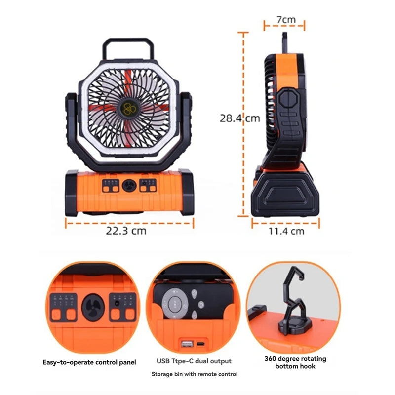 WISH 10000Mah Battery Fan Rechargeable With Hook&Bright LED Light Remote Control Timer Auto Oscillation Cordless Fan Oasis Select